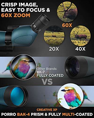 CREATIVE XP Spotting Scopes - 20x60 60mm HD Spotter Telescope for Hunting, Target Shooting, Bird Watching, Astronomy - IP67 Waterproof Spotting Scope w/Photo Clicker, Tripod & Phone Adapter, Green 3
