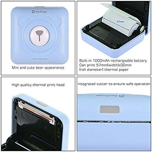 Portable Bluetooth Thermal Printer, USB Smart Photo Printer with 6 Roll Printing Paper, Mini Wireless POS Thermal Image Photo Printer for for iOS, Android, and Windows (Blue) 5