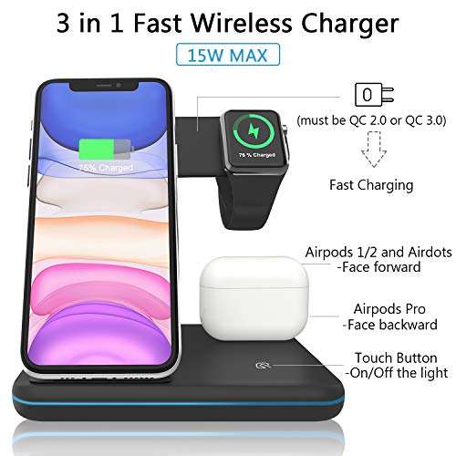 Wireless Charger,ZHIKE 3 in 1 Fast Charging Station Compatible with Apple Watch 7/SE/6/5/4/3/2,AirPods 3/Pro/2/1,Charging Stand for iPhone 13/Pro/Pro Max/12/11/X/Xs Max/8/8 Plus and Samsung Phones 3
