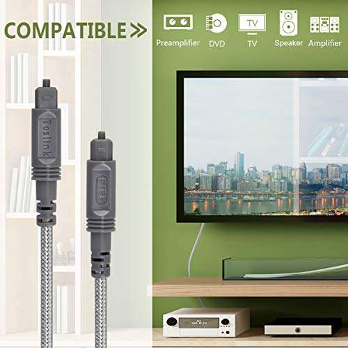 Digital Optical Audio Cable Toslink Ultra Durable Nylon Braided Jacket Slim Flexible Fiber Optic Cord for Home Theater, Sound bar,TV,PS4,Xbox (6.6ft/2m Grey) 4