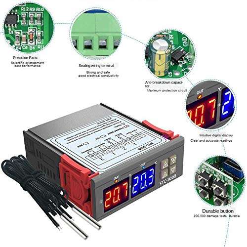 Bonarty STC-3008 Independent Dual-Way Digital Temperature Controller - Control by Setting the Temperature Setting Value and the Difference Value - 12V 5