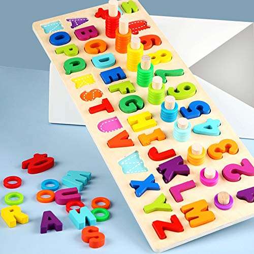 Meile 4-in-1 Wooden Number Puzzle Toy Sorting Counting Game Wooden Blocks Puzzle Board Set Alphabet ABC with Wood Colorful Number Shape Math Blocks for Kids Toddlers Preschool Educational Toys 5