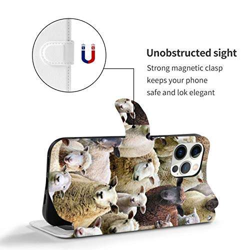 Farm Animals Sheep Goat Case for iPhone 12 Pro for Women Men Leather Wallet Case with Card Holder Wrist Strap 4