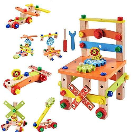 tumtum assembling disassembling wooden multi functional activity chair with nut and screw driver toys for kids, educational & learning toy for children..- Multi color 2