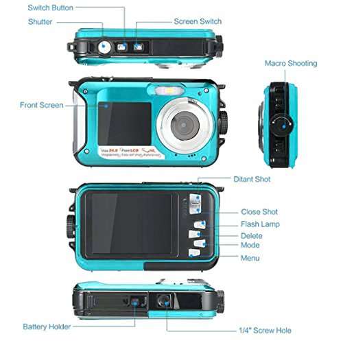 XHZNDZ Dual 2.7" LCD HD Waterproof Digital Video Camera 24MP MAX 1080P Double Screen 16x Zoom Underwater Sports Camcorder Camera Mic (Color : Blue) 5