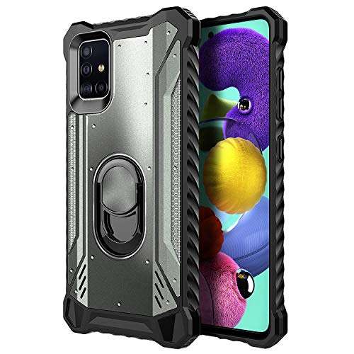 E-Began Case for Samsung Galaxy A51 4G with Tempered Glass Screen Protector (Maximum Coverage), Aluminum Magnetic Metal Built-in Ring Holder, Full-Body Protective Shockproof Case -Gray 3