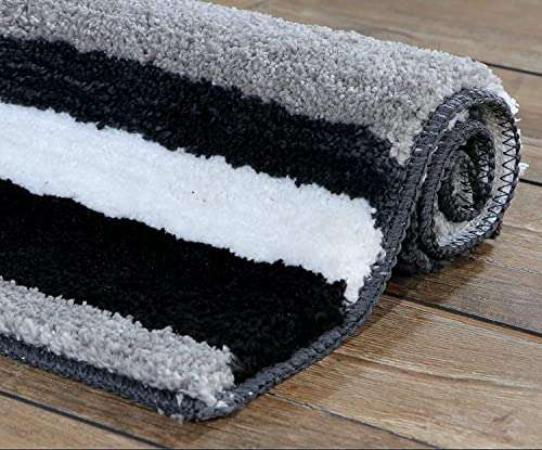 HARISONSLIVING Luxury Microfibre Super Soft (40x60 cm) & (50x80 cm) Striped 2000 GSM Bath Mat Super Absorbent Anti Skid Mats for Bathroom/ Bedroom/ Kitchen/ Door Mat/ Floor Mat (Black) Combo Pack of 2 4