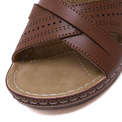 Womens Flats Sandals Soft Leather Slide Sandals Comfy Summer Wedges Walking Shoes For Women Coffee Size 11 5
