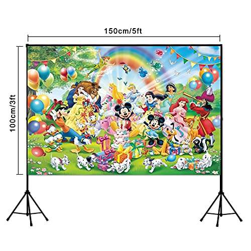 Disney Cartoon Anime Characters Photography Backdrop for Kids Happy Birthday Party Decoration Photo Background Baby Shower Cake Table Studio Photo Booth Prop Banner，5X3ft 3