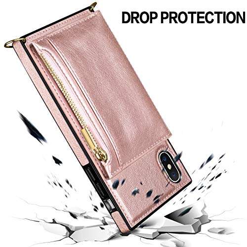 Coolden for iPhone Xs Wallet Case with Lanyard Crossbody Strap Credit Card Holder Slot Square Cover Protective Soft PU Leather Zipper Back Case for 5.8 inch iPhone Xs X 10 Rose Gold 4