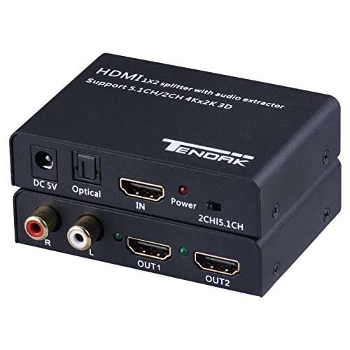 Tendak 1X2 4K HDMI Splitter with Audio Extractor + Optical and R/L Output Powered 1 in 2 Out Signal Distributor Support 3D for PS4 Xbox One DVD Blu-ray Player HD TV Projector 2