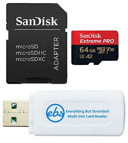 SanDisk Extreme Pro 64GB Micro SDXC Memory Card Works with Sony Cyber-Shot DSC-HX99, DSC-RX0 II Compact Camera (SDSQXCY-064G-GN6MA) Bundle with (1) Everything But Stromboli MicroSD Card Reader 2