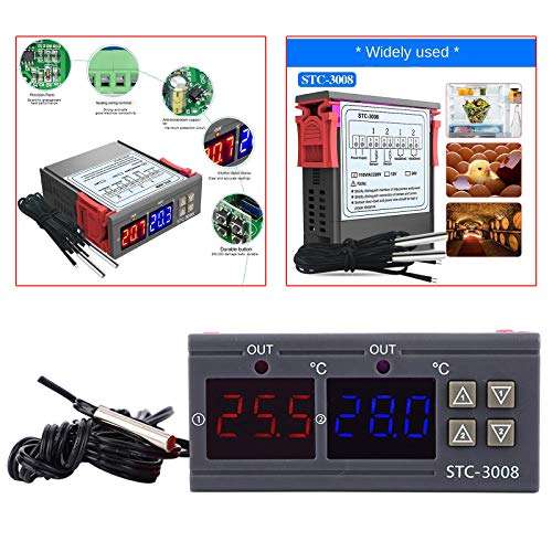 Bonarty STC-3008 Independent Dual-Way Digital Temperature Controller - Control by Setting the Temperature Setting Value and the Difference Value - 12V 6