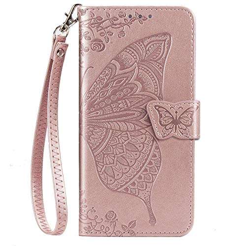Blllue Wallet Case Compatible with Oppo Realme 6 Pro, Embossed Flower Butterfly PU Leather Phone Cover for Oppo Realme 6 Pro - Rose Gold 2
