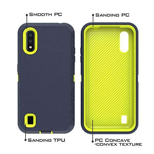 UNC Pro 3 in 1 Belt Clip Holster Cell Phone Case for Samsung Galaxy A01, Heavy Duty Hybrid Shockproof Bumper Case with Kickstand, Navy Blue/Yellow 4