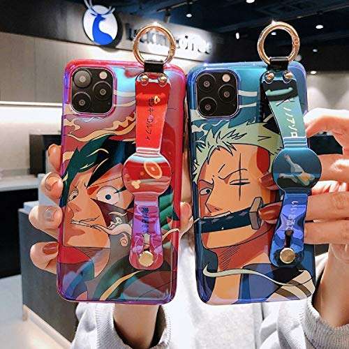 Anime One Piece Luffy Zoro Straw Hat Phone Case for iPhone 11 12 Mini Pro Max X XS Max XR 6 6S 7 8 Plus SE 2020 Soft TPU Wrist Strap Holder Cover(1, iPhone 7 8/ SE 2020) 3