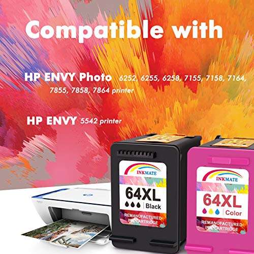 INKMATE Re-Manufactured Ink Cartridge Replacement for HP 64XL N9J92AN Black & N9J91AN Color for HP Envy Photo 6252 6255 6258 7155 7158 7164 7864 7858 7855 Envy 5542 (1 Black/1 Color, 2Pack) 4