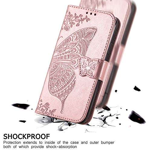 Blllue Wallet Case Compatible with Oppo Realme 6 Pro, Embossed Flower Butterfly PU Leather Phone Cover for Oppo Realme 6 Pro - Rose Gold 5