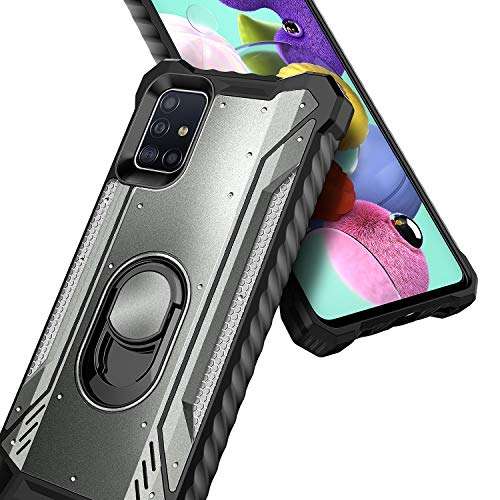 E-Began Case for Samsung Galaxy A51 4G with Tempered Glass Screen Protector (Maximum Coverage), Aluminum Magnetic Metal Built-in Ring Holder, Full-Body Protective Shockproof Case -Gray 5