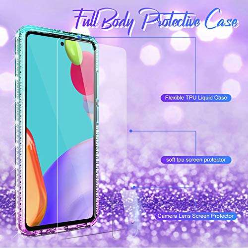 for Samsung Galaxy A52 5G/4G Case, Yunerz Liquid Quicksand Case, Girly Clear Case with Screen & Lens Film for Galaxy A52 5G/4G 6.5inch 4