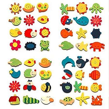 Grizzly Colored Wooden Cartoon or Nature Theme Fridge Magnets - Set of 40- Multi Color 2