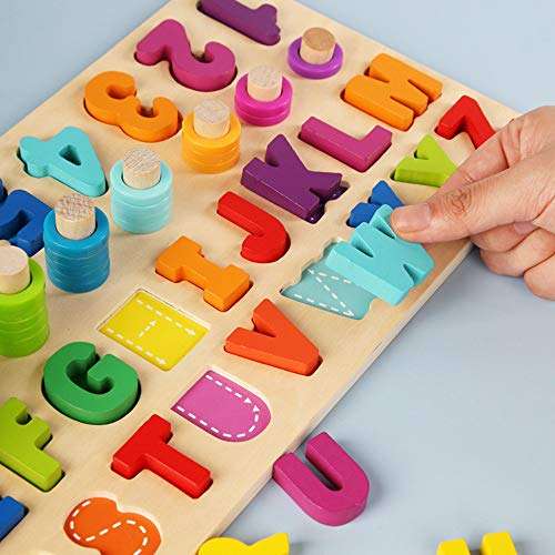 Meile 4-in-1 Wooden Number Puzzle Toy Sorting Counting Game Wooden Blocks Puzzle Board Set Alphabet ABC with Wood Colorful Number Shape Math Blocks for Kids Toddlers Preschool Educational Toys 4