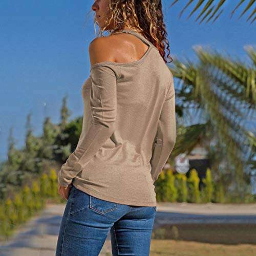 One Off Shoulder t-Shirt for Women, Solid Color Round Neck Long Sleeve Casual Fall Shirts Blouse Tops Pullover Tees(Khaki, XXL) 5