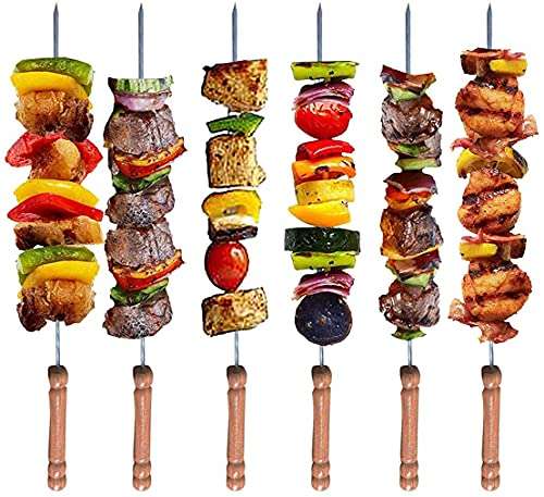 Barbecue Grill Skewers for BBQ Tandoor, Grill | Stainless Steel Stick Skewer with Wooden Handle, Wooden Skewer Stick Pack of 12 2