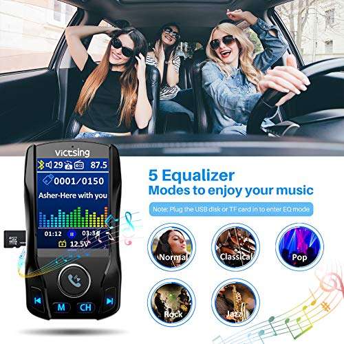 VicTsing 1.8 Color Display Bluetooth FM Transmitter for Car, Wireless Bluetooth Car Adapter with EQ Mode, Power Off, 3 USB Ports, 4 Music Playing, Hands-Free Calls, AUX Input 3
