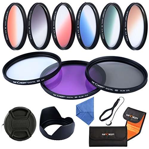 K&F Concept 62mm UV CPL FLD Graduated Filter Lens Accessory 9pcs Filter Kit UV Protector Circular Polarizing Filter + Microfiber Lens Cleaning Cloth + Petal Lens Hood + Filter Bag Pouch 5
