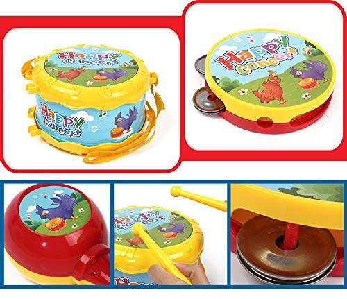 MeeYum Baby Musical Toys Pretend Play Drum Set Instruments 4 Pc Band Includes Bell, Horn, Sand Hammer, Drumsticks for Toddler and Kids 5