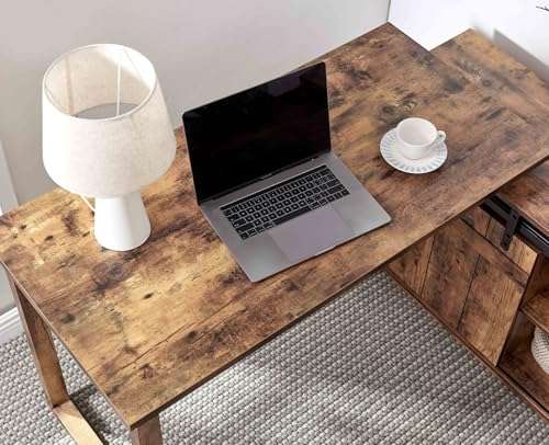 Aidek Desk L-Shaped Workstation Home Office Attached Storage credenza Sliding barn Door Finished on The Back Reversible Distressed Wood 4