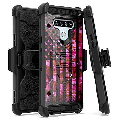 DALUX Armor Hybrid Kickstand Holster Phone Case Compatible with LG K51 / Reflect - Pink Camo US Flag 2