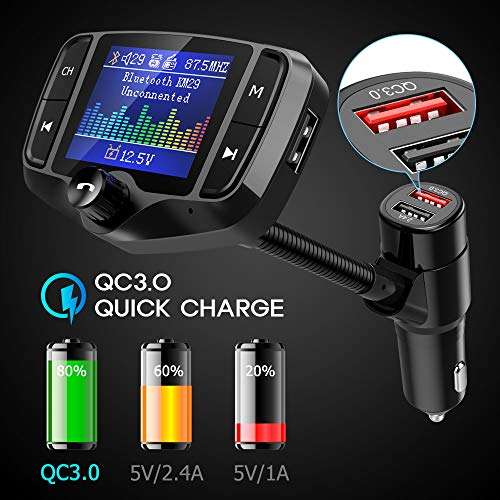 Nulaxy Bluetooth FM Transmitter, Wireless Radio Adapter Hands-Free Car Kit with 1.8 Inch Display, QC 3.0 & 5V/2.4A, USB Drive & SD Card Aux in & Out 5