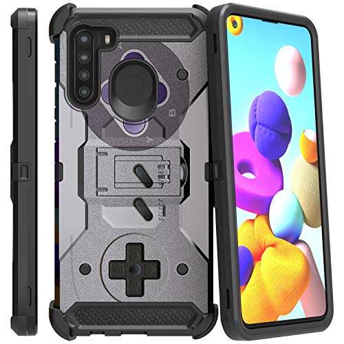 TurtleArmor | Compatible with Samsung Galaxy A21 Case (2020) | A215 [Armor Pro] Full Body Protection Armor Hybrid Kickstand Rugged Cover Holster Belt Clip Case - Classic Game Controller 4