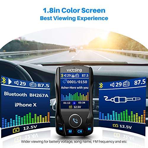 VicTsing 1.8 Color Display Bluetooth FM Transmitter for Car, Wireless Bluetooth Car Adapter with EQ Mode, Power Off, 3 USB Ports, 4 Music Playing, Hands-Free Calls, AUX Input 5