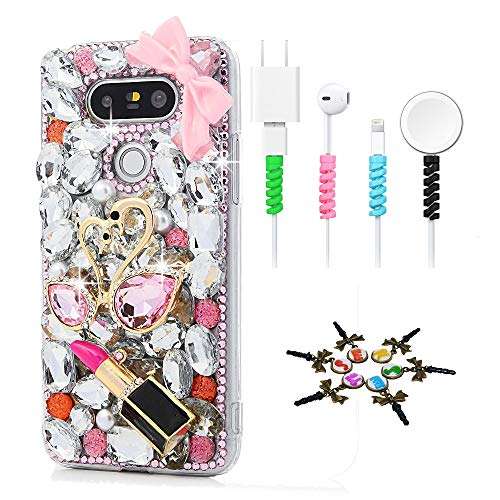 STENES Bling Phone Case Compatible with LG K51 - Stylish - 3D Handmade Sparkle Series Sweet Swan Sexy Lipstick Design Cover with Cable Protector [4 Pack] - Pink 2