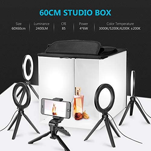 Neewer Photo Studio Box, 24x24inches Table Top Photo Light Box Continous Lighting Kit with 5 Tripod Stands, 4 LED Ring Lights, 4 Color Backdrops and a Phone Holder for Product Jewelry Food Photography 3