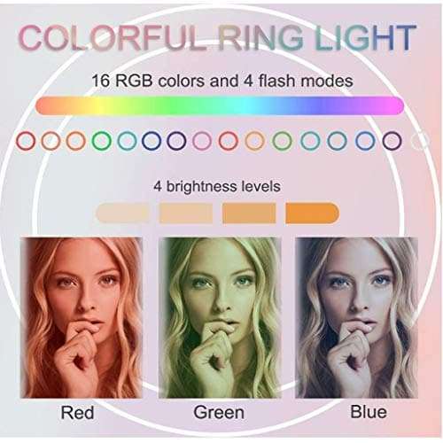 QAZWC-A1 10 RGB Ring Light with Stand,15 Colors Selfie Beauty Ring Light with Tripod Stand/Phone Holder/Wireless Remote Dimmable for Makeup, YouTube 4