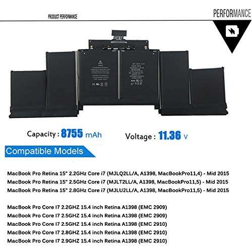 EMAKS A1618 Laptop Battery for Apple MacBook Pro 15" Retina A1398 Mid 2015 Ver MJLQ2LL/A MJLT2LL/A MJLU2LL/A EMC 2909 2910,P/N:020-00079 02000079 1ICP9/47/95-ICP8/56/66-2 [11.36V 99.5Wh] 4