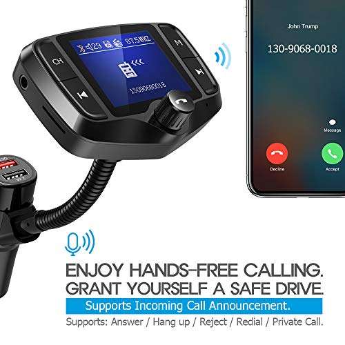 Nulaxy Bluetooth FM Transmitter, Wireless Radio Adapter Hands-Free Car Kit with 1.8 Inch Display, QC 3.0 & 5V/2.4A, USB Drive & SD Card Aux in & Out 6