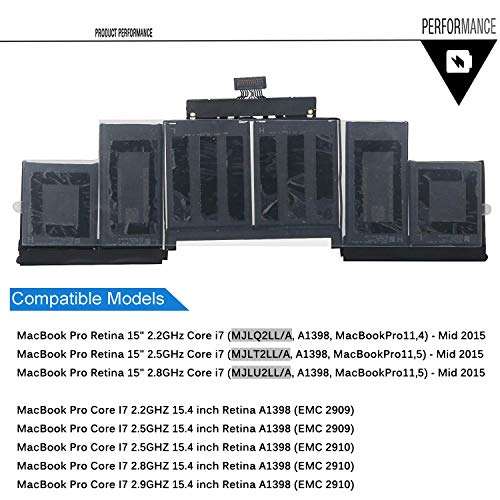 EMAKS A1618 Laptop Battery for Apple MacBook Pro 15" Retina A1398 Mid 2015 Ver MJLQ2LL/A MJLT2LL/A MJLU2LL/A EMC 2909 2910,P/N:020-00079 02000079 1ICP9/47/95-ICP8/56/66-2 [11.36V 99.5Wh] 3