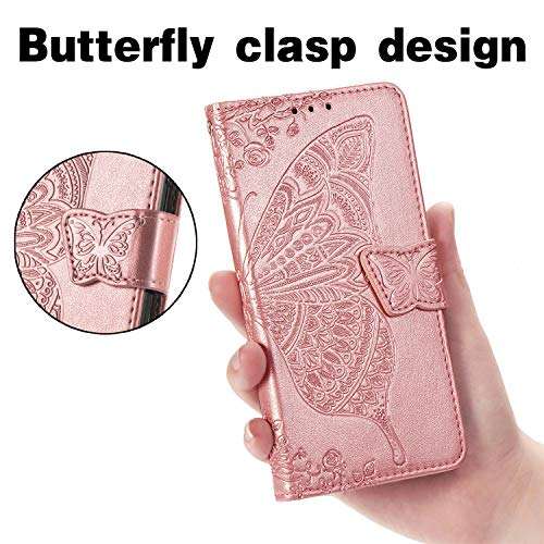 Blllue Wallet Case Compatible with Oppo Realme 6 Pro, Embossed Flower Butterfly PU Leather Phone Cover for Oppo Realme 6 Pro - Rose Gold 3