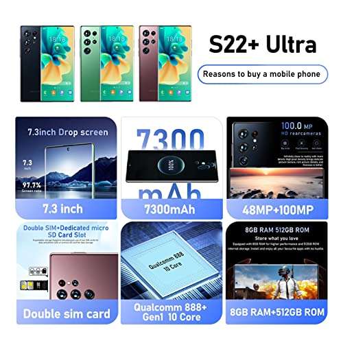 GUOFENG 7.3 inch Unlocked Smartphone Dual Cards RAM 8GB ROM 512GB Unlocked Cell Phones with 7300mAh Battery Support WiFi Face Recognition (Color : Green) 3