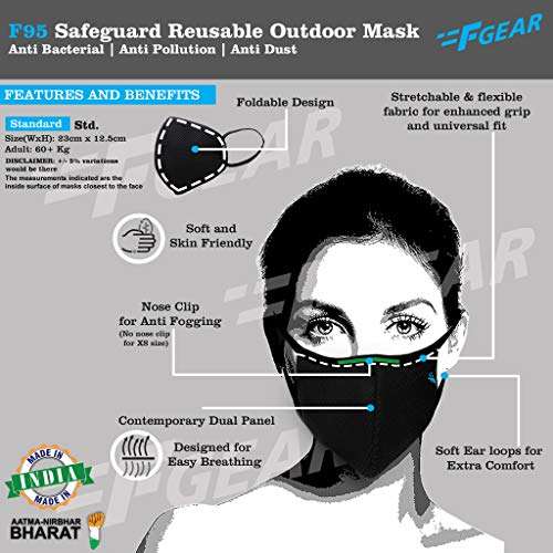 F Gear Standard Size Mask for Adult Color Black F95 Safeguard 7 layer ISO CE SITRA lab certified >95% Bacteria Filtration Face Mask pack of 5 (3455) 5