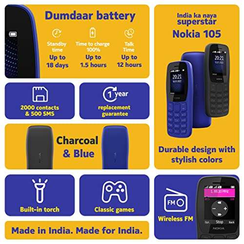 Nokia 105 Single SIM, Keypad Mobile Phone with Wireless FM Radio | Charcoal 3