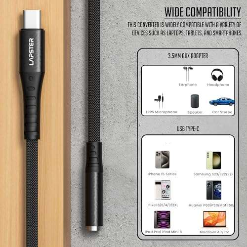 LS LAPSTER Quality Assured Type C to 3.5 mm Audio Jack Connector with DAC Headphone Converter Supports Mic & Audio, Metal Body, Black 5