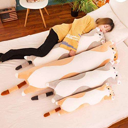 Plush Long Pillow Toy, Cute Cat Doll Cushion, Plush Cat Toy Skin-friendlyelastic Long Doll Pillowcase (L, Brown) 3