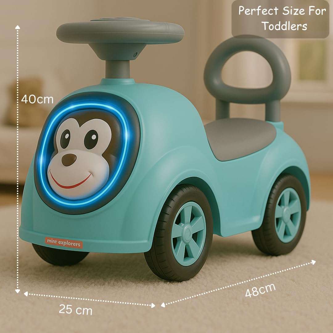 MiniExplorer Monkey Ride-On Toy Car for Kids | Push Ride Car with Music, Horn, Backrest, Safety Guard, Under Seat Storage & Big Wheels | Baby Ride-On for 1-3 Years Boys & Girls - Blue 6