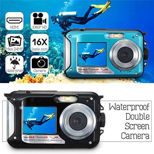 XHZNDZ Dual 2.7" LCD HD Waterproof Digital Video Camera 24MP MAX 1080P Double Screen 16x Zoom Underwater Sports Camcorder Camera Mic (Color : Blue) 4